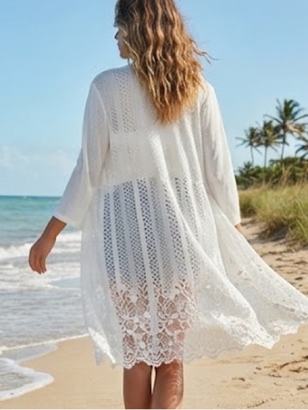 White Floral Lace Panel Duster Tunic Beach Coverup